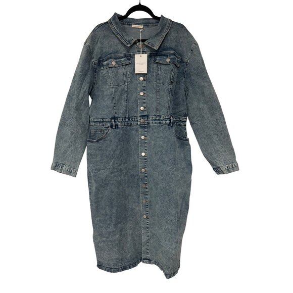 Denim Button Up Long Sleeve Midi Dress By Andthewhy California 2x - Picture 1 of 6